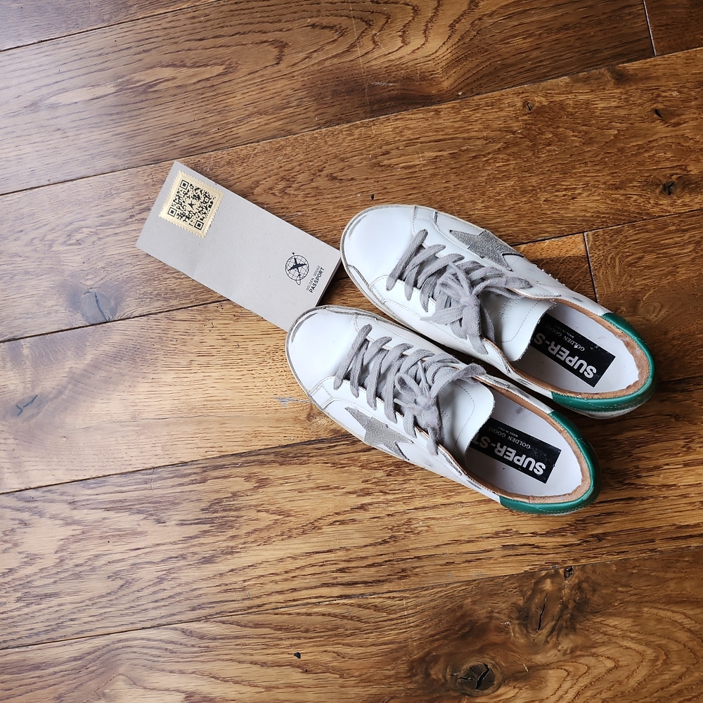 Authentic GOLDEN GOOSE Superstar WHITE Sneakers with Green Accents